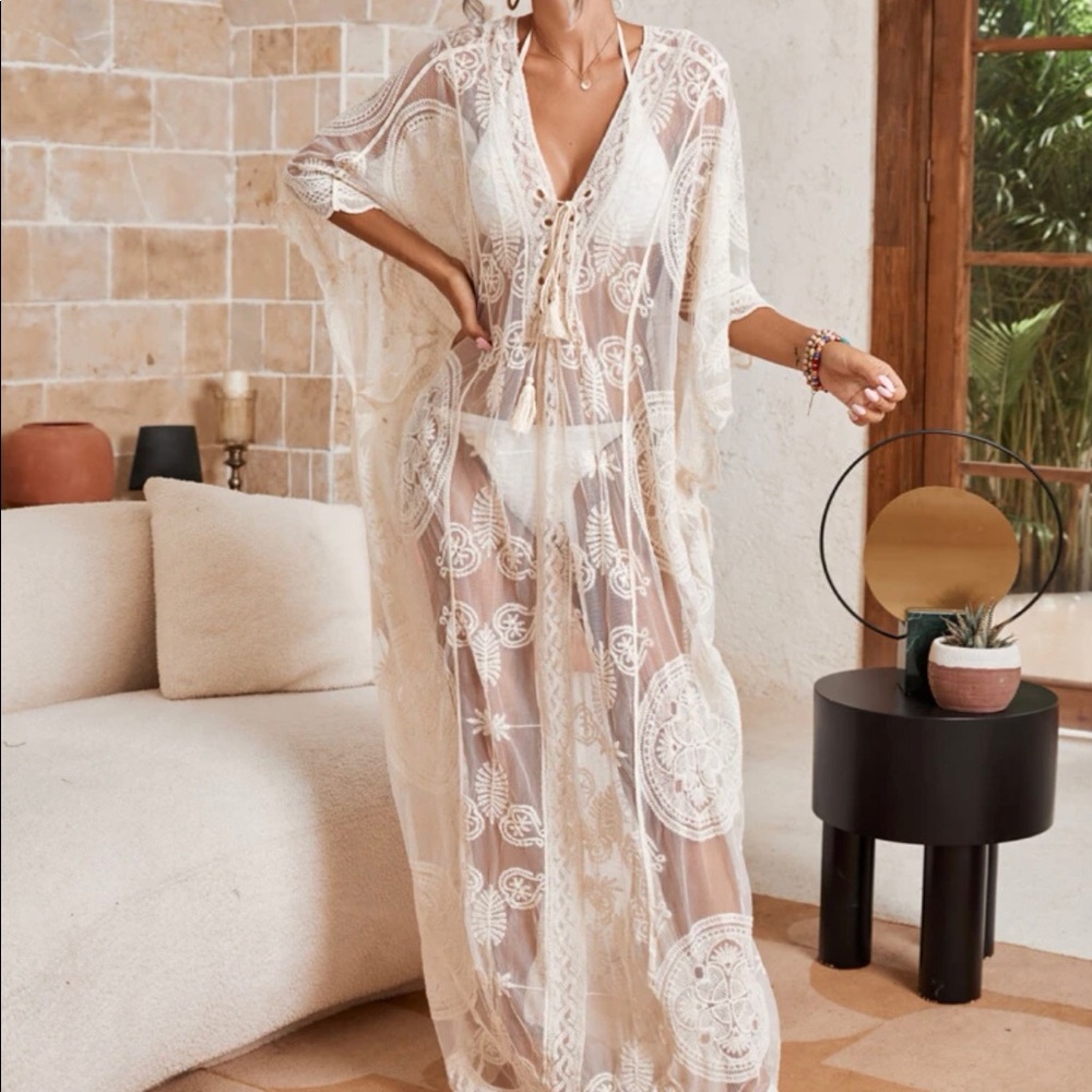 Embroidery lace up dress bikini cover-up beach summer transparent sexy lace up - Picture 6 of 7